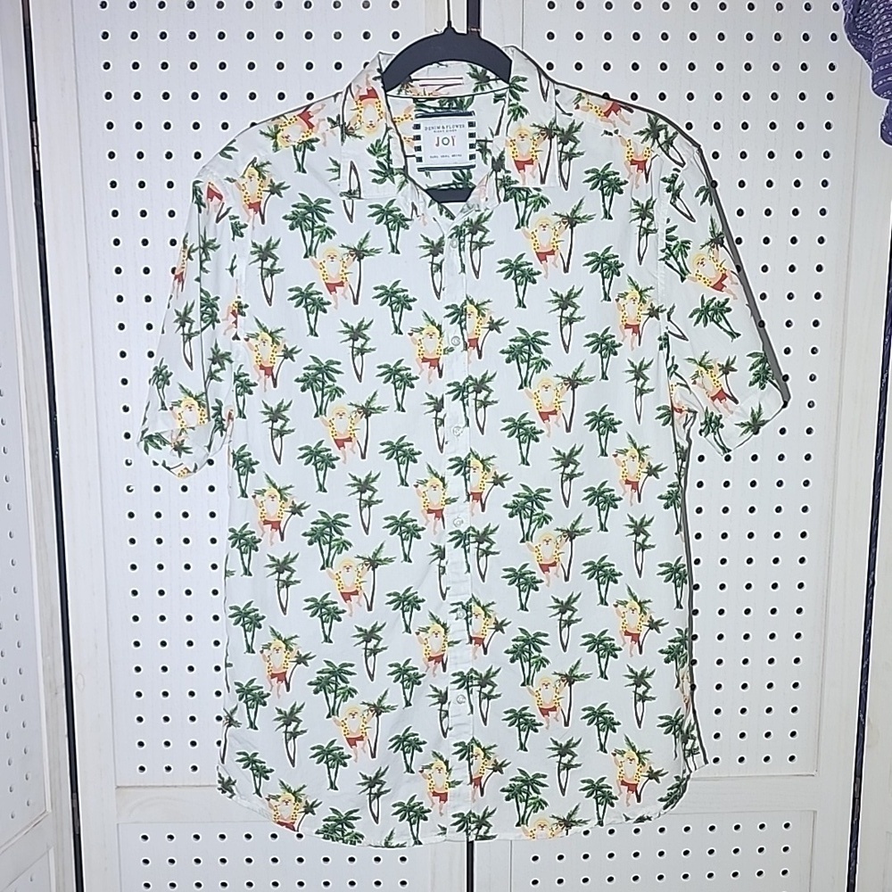 Ricky Singh Denim & Flowers Button Up Shirt Santa Hawaiian Christmas Large